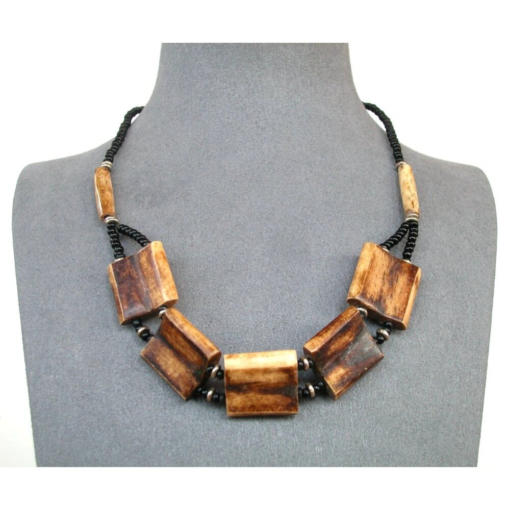 Handcrafted Yak Beads & Black Beads Necklace 16"